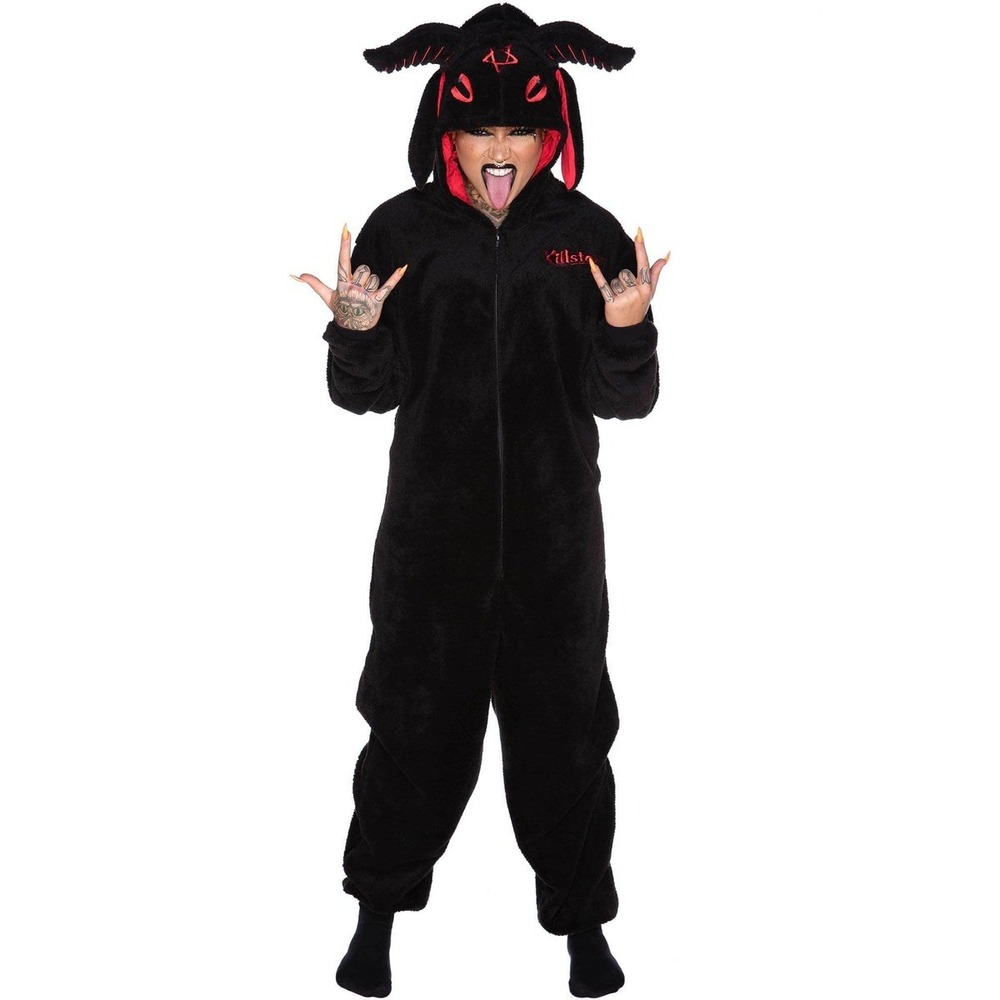 Killstar Baphomet Black Plush Hooded Zip Lounge Jumpsuit Mens L-XL Goth Occult